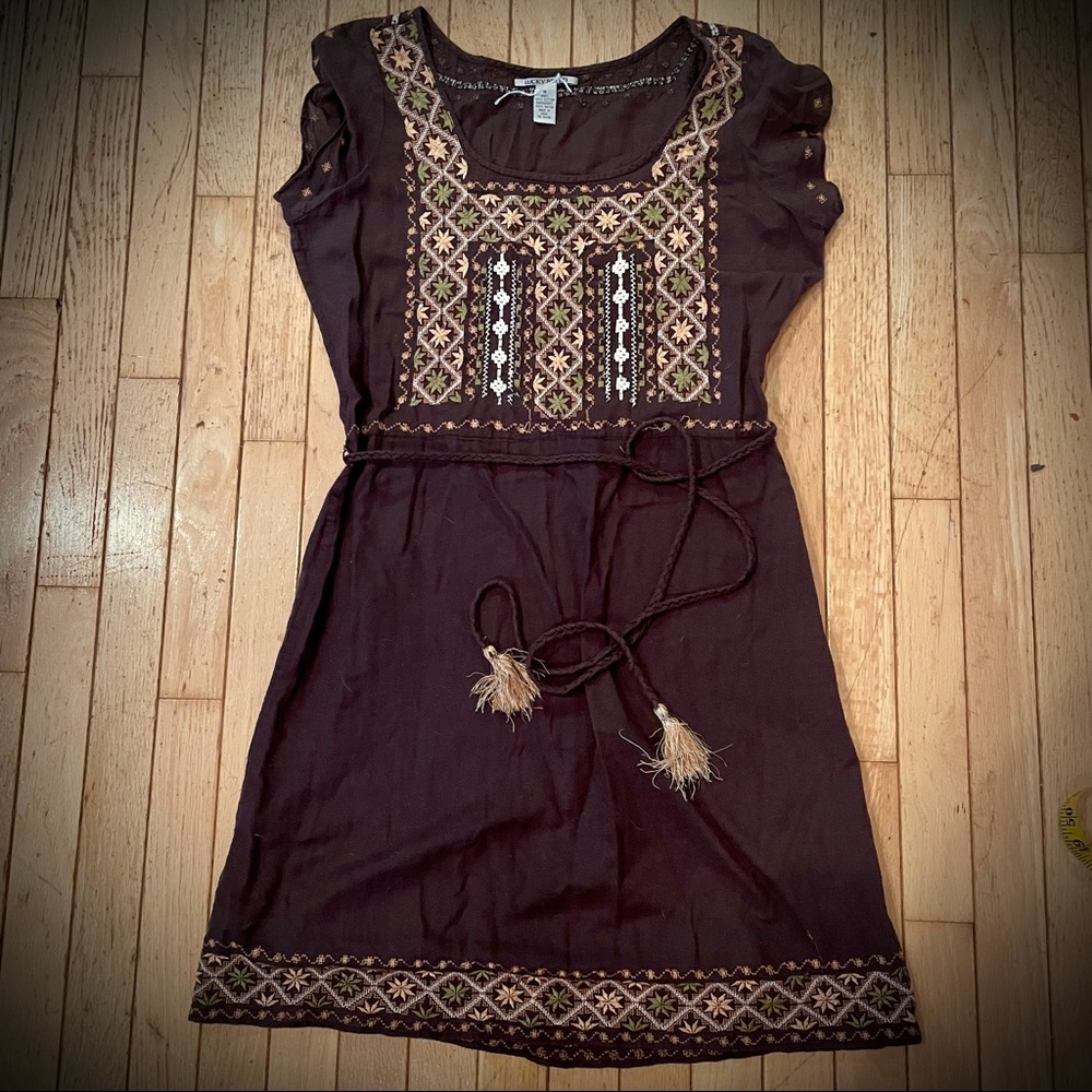 Lucky Brand Embroidered brown boho a line dress size medium